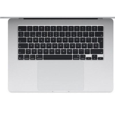 Computador portátil prateado com teclado preto em português e touchpad grande