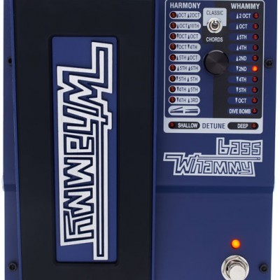 Pedal de efeito musical azul com texto branco e botões metálicos