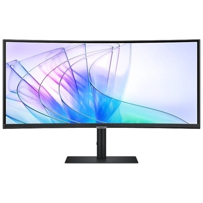 Monitor ultrapanorâmico com base preta e ecrã curvo colorido
