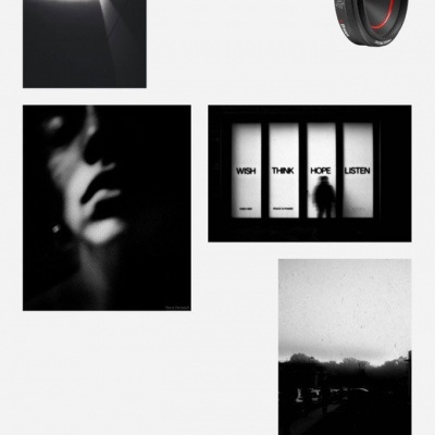 Mosaico de cinco fotos em preto e branco incluindo luz, lente, rosto desfocado, janela com palavras e paisagem urbana