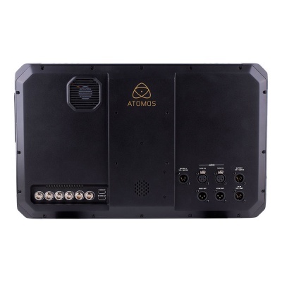 Monitor de vídeo preto com várias portas e logótipo ATOMOS.