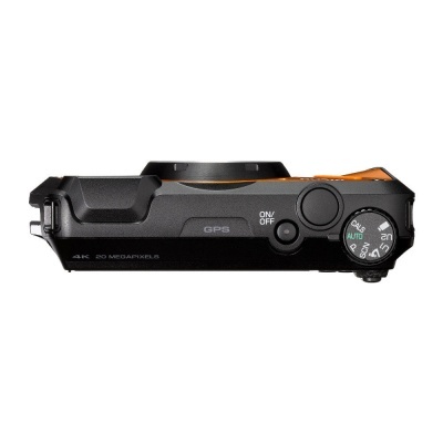 Câmara fotográfica preta e laranja vista de cima com botões e seletores