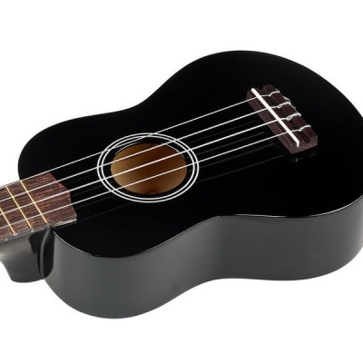 Ukulele preto com cordas e detalhes em madeira