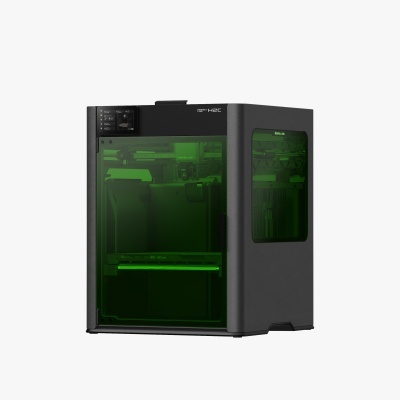 Impressora 3D preta Bambu Lab H2C com painéis em vidro verde translúcido e display digital.