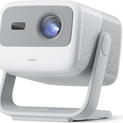 Projetor branco JMGO com lente frontal e suporte cinzento
