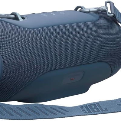 Coluna de som portátil JBL azul escuro com alça ajustável e botão de controlo
