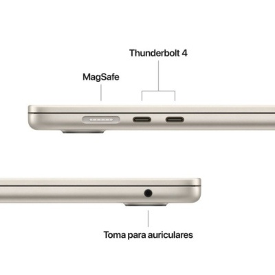 Portátil prata com portas MagSafe, Thunderbolt 4 e tomada para auriculares