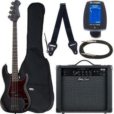 Conjunto completo de baixo elétrico preto com amplificador, capa, correia, afinador e cabo