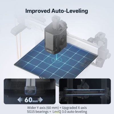 Componente de impressora 3D com base azul e texto sobre auto-nivelamento