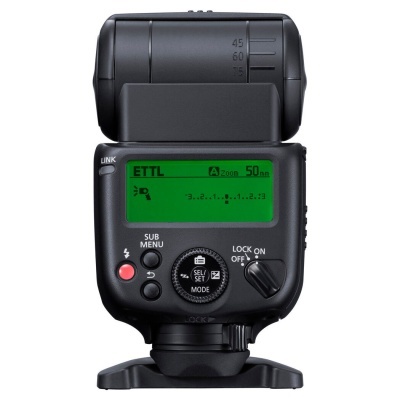 Flash externo fotográfico preto com display verde e botões