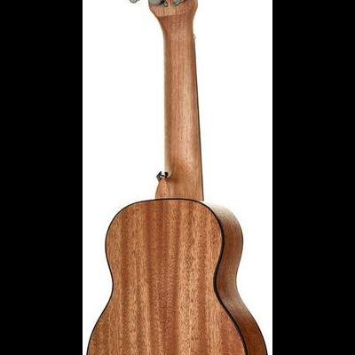 Ukulele de madeira visto de costas com cravelhas metálicas