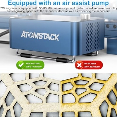 Aparelho gravador ATOMSTACK azul com texto explicativo e amostras de gravura em madeira.
