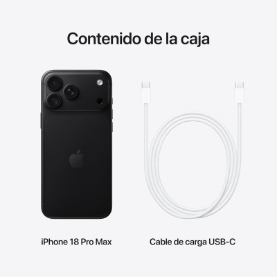 iPhone 18 Pro Max preto e cabo de carga USB-C branco com texto em espanhol