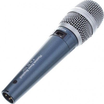 Microfone azul escuro com grelha prateada e botão preto