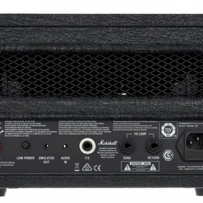 Amplificador Marshall preto com conexões e etiquetas técnicas