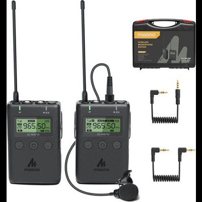 Conjunto de microfones sem fios Maono com transmissor, recetor, microfone de lapela, cabos e estojo rígido