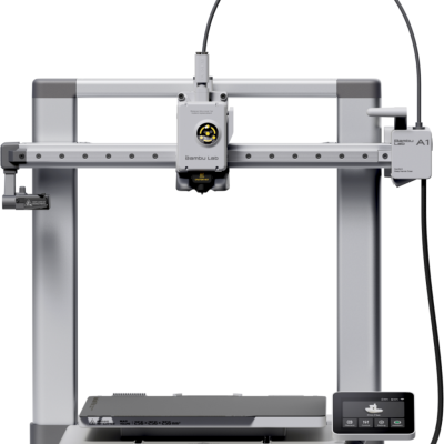 Impressora 3D Bambu Lab A1 cinza prateada com consola digital e plataforma de impressão