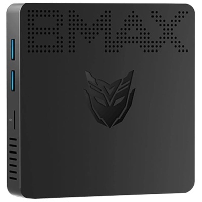 Caixa preta BMAX com portas USB e logótipo em relevo