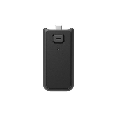 Dispositivo pequeno preto com botão e conector USB-C em fundo branco