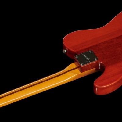 Parte traseira de guitarra elétrica com corpo castanho avermelhado e braço de madeira clara