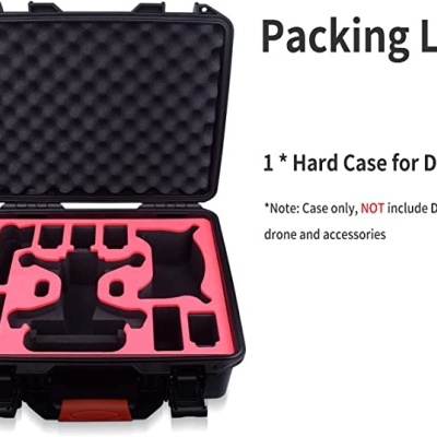 Estojo rígido preto com espuma rosa para DJI FPV e texto ao lado