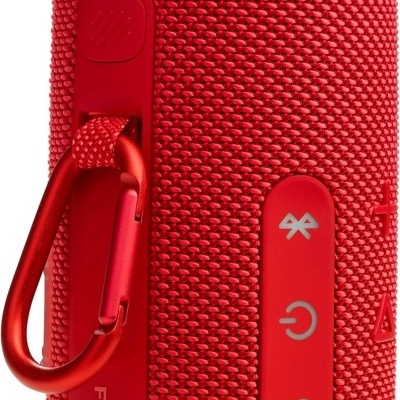 Coluna portátil Bluetooth vermelha com clip e texto FLIP7