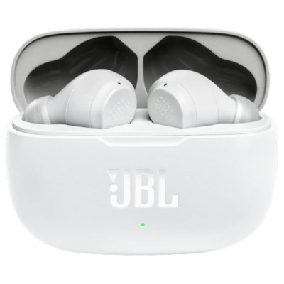 Auriculares sem fios brancos JBL com estojo de carregamento branco