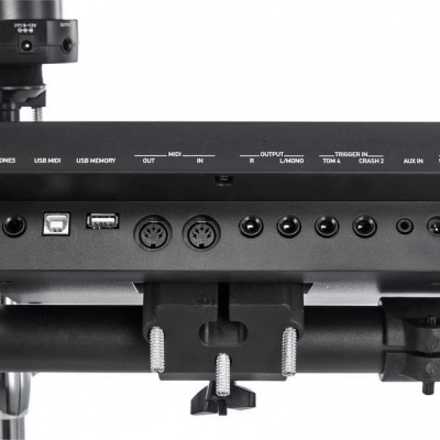 Parte traseira de equipamento musical eletrónico com várias entradas e saídas