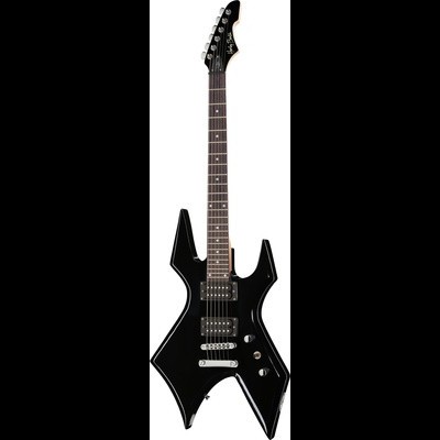 Guitarra elétrica preta com corpo angular e tarraxas cromadas