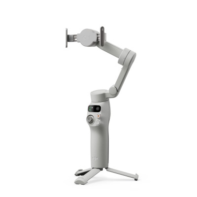 Gimbal estabilizador cinza com suporte para smartphone e tripé