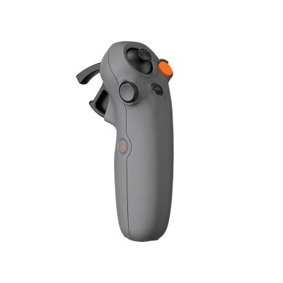 Comando cinzento de realidade virtual com botão laranja em fundo branco