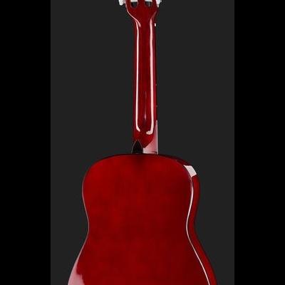 Parte traseira de guitarra clássica vermelha brilhante com clavijas brancas