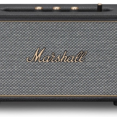 Coluna de som Marshall preta com painel frontal cinzento texturado e botões dourados no topo