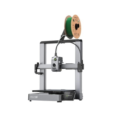Impressora 3D cinza com bobina de filamento verde CREALITY