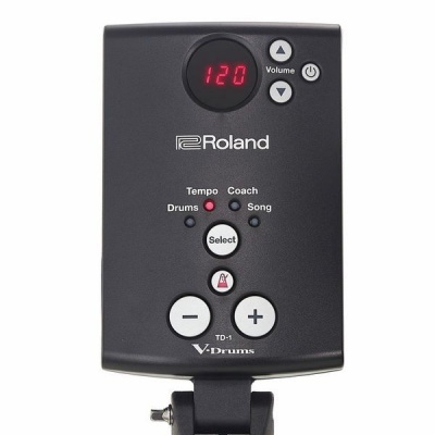 Controlador Roland V-Drums TD-1 preto com ecrã vermelho e botões brancos
