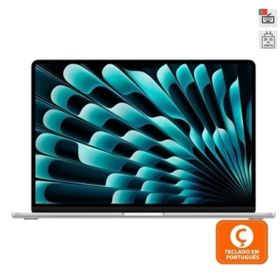 Portátil prateado com ecrã e selo de teclado em português