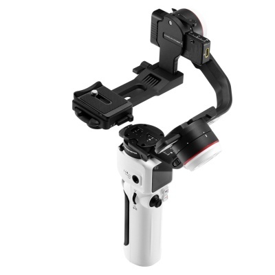 Estabilizador gimbal preto e branco para câmara com suporte ajustável