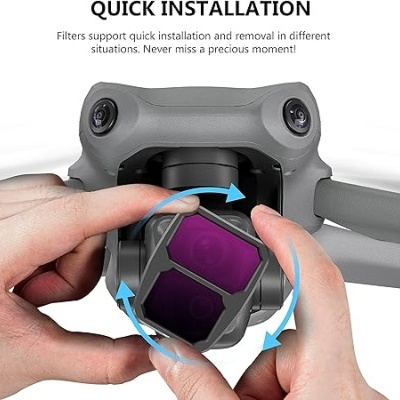 Drone cinzento com filtro roxo na lente e texto 'QUICK INSTALLATION'