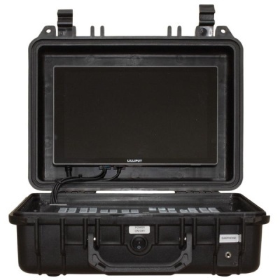 Maleta preta robusta com ecrã LILLIPUT no interior aberta