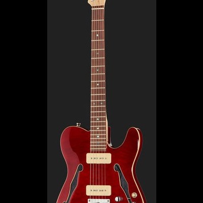 Guitarra elétrica semicavada vermelha com braço em madeira clara