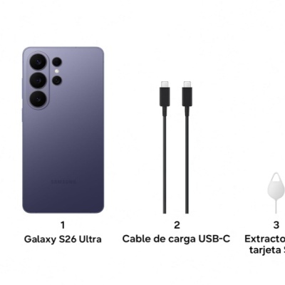 Samsung Galaxy S26 Ultra roxo, cabo USB-C e extractor de tarjeta SIM.
