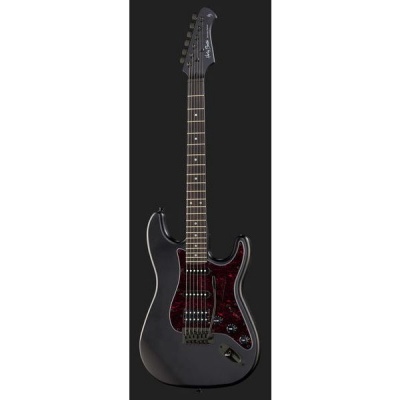 Guitarra elétrica Fender Stratocaster cinza escuro com pickguard padrão tartaruga.