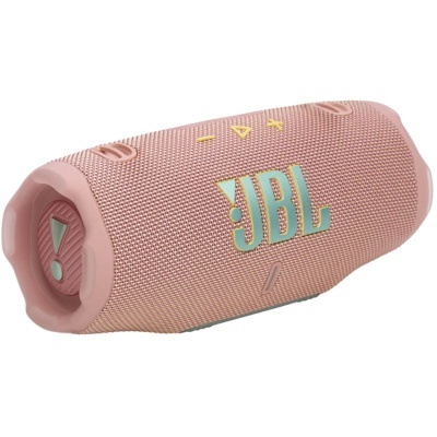 Coluna portátil JBL rosa com textura de tecido e logo visível