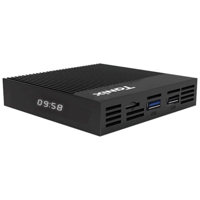 Dispositivo eletrónico preto TONIX com mostrador de hora digital e portas USB