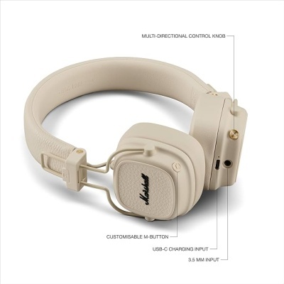 Auriculares sem fios Marshall bege claro com botões e entradas visíveis