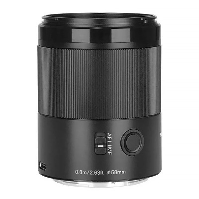 Objetiva fotográfica preta com texto e botão de seleção AF/MF