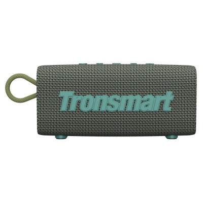 Coluna portátil Tronsmart cinzenta com logótipo azul e alça verde