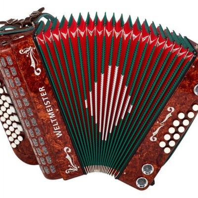 Acordeão de madeira castanha com botões brancos e fole vermelho e verde