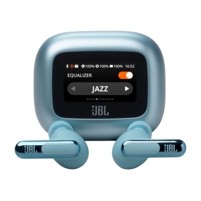 Auriculares sem fios JBL azuis com estojo e ecrã a mostrar equalizador JAZZ e ícones de bateria