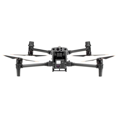Drone preto com quatro hélices e câmara na parte inferior central